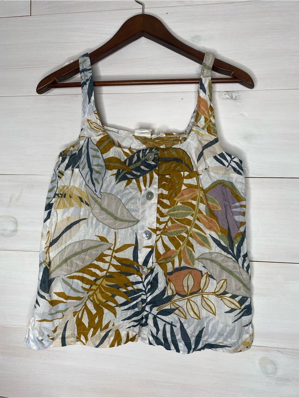 C&C California Tropical Leaf Print 100% Linen Button Front Tank Top XS